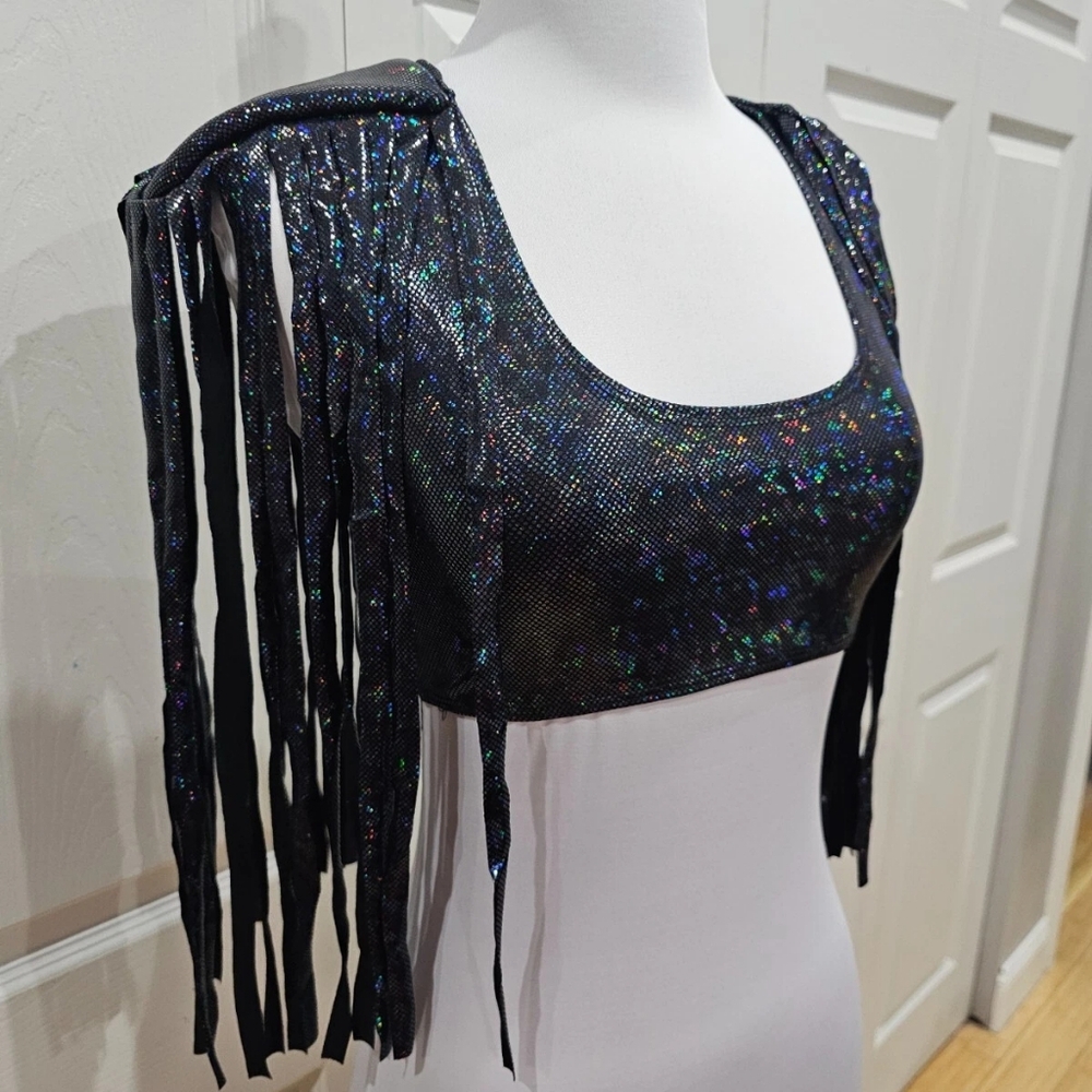 Dolls Kill Black Holographic Rave Roma Holo Shimmer Fringe Crop Top S New - Picture 2 of 7
